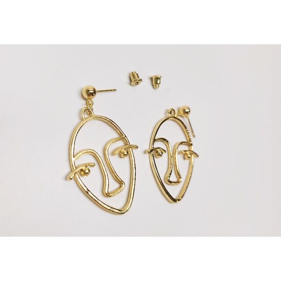 Gold Abstract Picasso Face Earrings Modern Art Statement Dangle Jewelry 2" - Picture 2 of 2